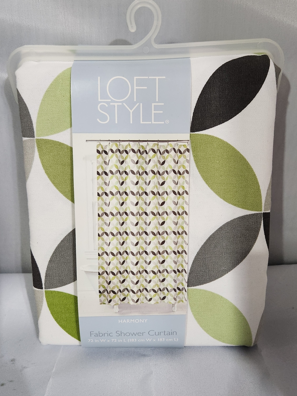 LOFT Style Fabric Shower Curtain in White, Green, Gray